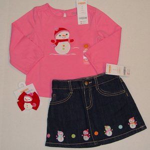 NWT Gymboree 2T snowman Top denim Skirt hair barrette 3pc set